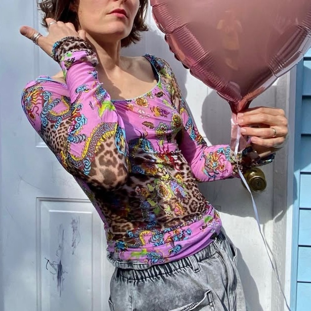 Y2K Roberto Cavalli Pink Floral & Leopard Long Sleeve sheer blouse top